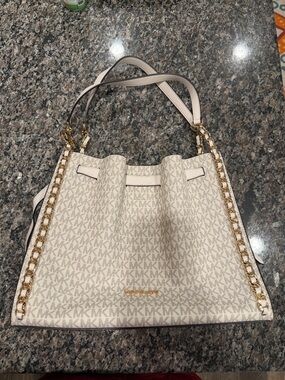 Michael Kors Cream Logo Canvas Shoulder Tote with Gold Chain Trim